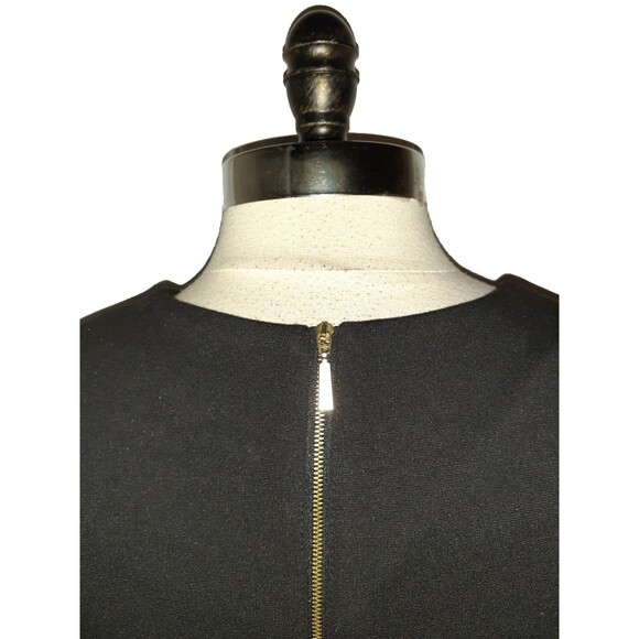 CALVIN KLEIN Size 12 Shift Dress Black Short Sleeve Gold Zipper Pockets Stretch - Picture 3 of 4